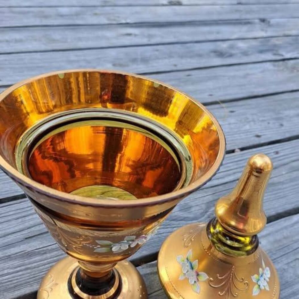 Antique BOHEMIAN Gold Gilt ENAMEL Amber Glass PEDESTAL Candy Jar Dish W/Lid - Picture 4 of 9